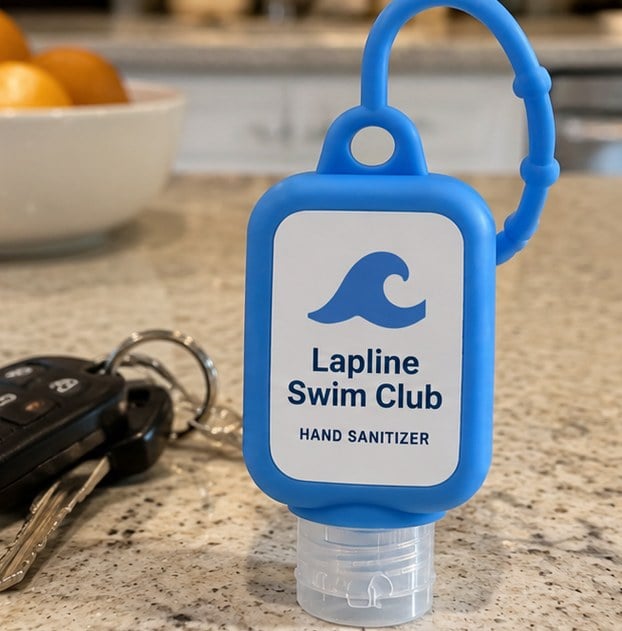 Customer photo of a custom sanitizer keychain